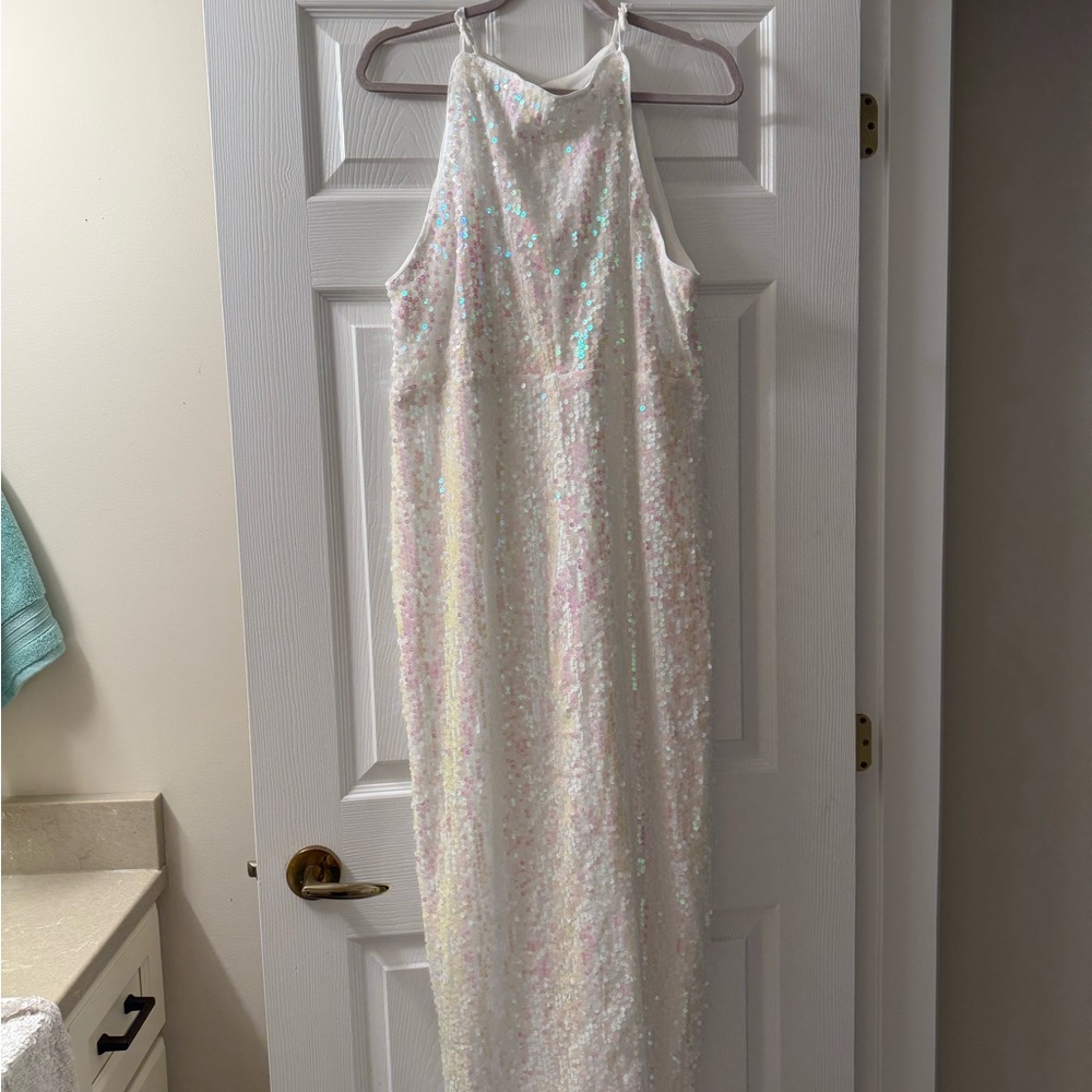 Elegant White and Pink Sequin Gown